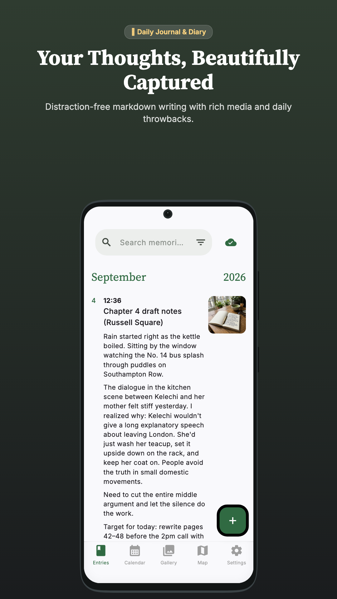 Reflective app entries screen showing markdown journal reflections and photo memories