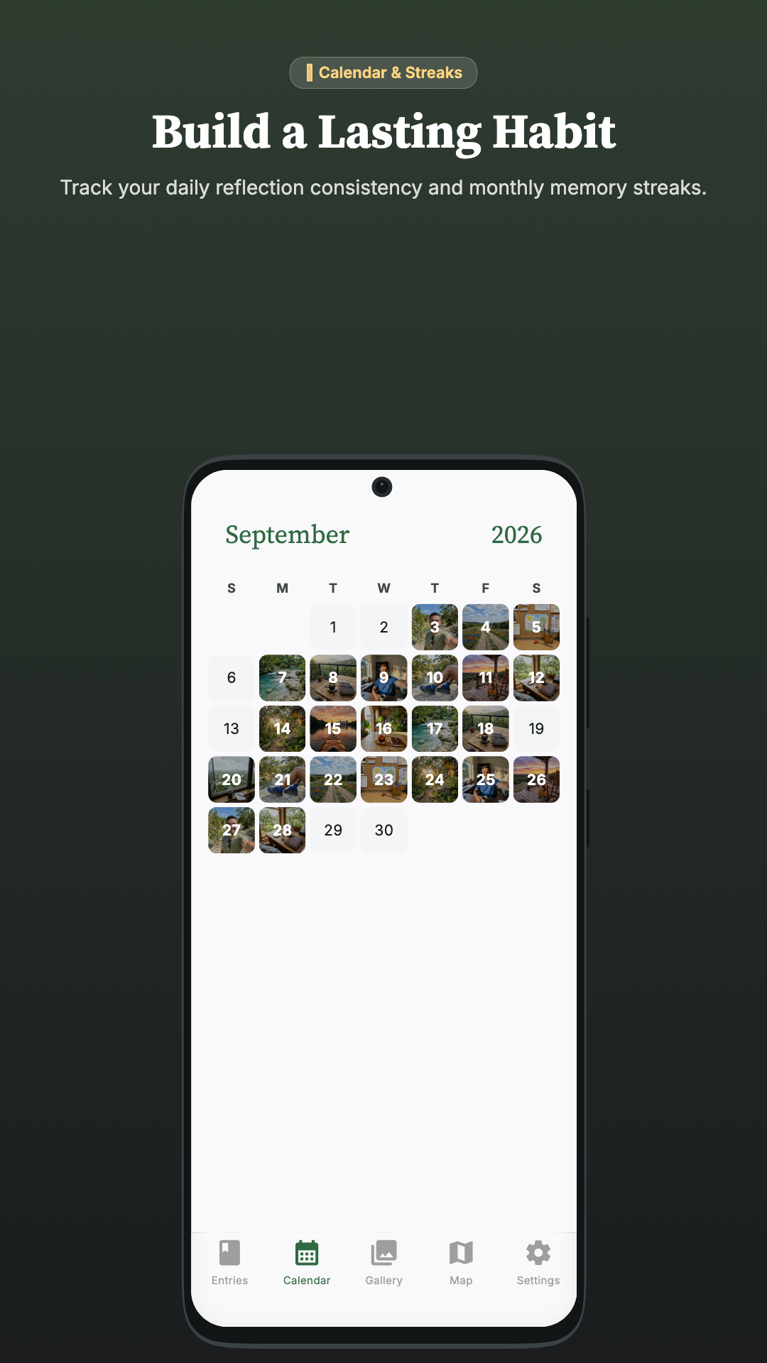 Visual monthly calendar with photo fading backgrounds